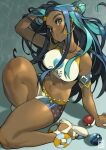  1girl arm_up belly belly_chain bike_shorts black_hair blue_eyes blue_eyeshadow blue_hair breasts dark-skinned_female dark_skin dive_ball duplicate earrings eyeshadow gloves gym_leader hair_bun hair_flip highres hoop_earrings jewelry large_breasts legs long_hair looking_at_viewer makeup midriff multicolored_hair navel necklace nessa_(pokemon) number pixel-perfect_duplicate poch4n poke_ball poke_ball_(basic) pokemon pokemon_(game) pokemon_swsh single_glove solo stomach swimsuit tankini thick_thighs thighs two-tone_hair 