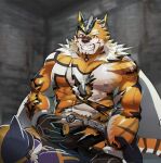  2boys animal_ears bara be_(2368230) bodysuit bulge covered_abs facial_hair furry goatee grin highres imminent_sex large_pectorals live_a_hero male_focus mask multiple_boys muscular muscular_male nipples orange_bodysuit pants pectorals reward_available ryekie_(live_a_hero) short_hair sitting sitting_on_person smile solo_focus tiger_boy tiger_ears torn_bodysuit torn_clothes torn_pants yaoi 