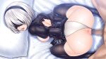  1boy 1girl anus ass back_cutout bed black_hairband black_legwear blindfold blush boots censored clothing_cutout covered_eyes hairband hetero juliet_sleeves leotard leotard_aside long_sleeves mole nier_(series) nier_automata open_mouth pillow puffy_sleeves thigh_boots thighhighs tsunbeji white_hair white_leotard yorha_no._2_type_b 