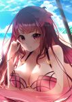  1girl absurdres beach beach_towel bikini blush bracelet breasts cleavage cloud cloudy_sky fate/grand_order fate_(series) flower hair_flower hair_intakes hair_ornament hibiscus highres horizon jewelry large_breasts lying ocean on_stomach pink_bikini pout purple_bikini purple_hair red_eyes scathach_(fate)_(all) scathach_(swimsuit_assassin)_(fate) shade sky solo swimsuit swimsuit_of_perpetual_summer timelessheaven towel 