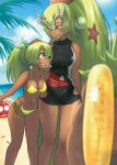  2girls amalia_sheran_sharm bare_shoulders beach bikini breasts brown_eyes character_request cleavage cloud cloudy_sky collarbone dark_skin eye_contact fen_(gunpura) green_hair grin hair_between_eyes hair_ornament hand_on_another&#039;s_head highres hip_vent innertube large_breasts layered_bikini long_hair looking_at_another multiple_girls navel ocean one-piece_swimsuit ponytail side-tie_bikini size_difference sky smile summer swimsuit tan toon very_long_hair wakfu yellow_bikini 