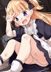  :d apron arm_up ass black_bow black_dress black_legwear blonde_hair blue_eyes blush boots bow bucket commentary_request dirty dirty_clothes dirty_face dress emilyko feet_out_of_frame hair_bow highres knees_up long_hair mochiyuki on_floor open_mouth panties polka_dot polka_dot_panties puffy_short_sleeves puffy_sleeves rag shadows_house short_sleeves sitting smile socks soot two_side_up underwear v very_long_hair white_apron white_footwear white_panties wooden_floor 