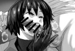  1boy 1girl bottomless censored daraz18aka erection fellatio gloves greyscale hetero highres monochrome monogatari_(series) oral oshino_ougi penis short_hair teeth testicles tongue tongue_out 