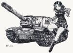  1girl ballpoint_pen_(medium) bangs boots closed_mouth commentary_request emblem frown girls_und_panzer greyscale ground_vehicle highres jacket leg_up long_hair long_sleeves looking_to_the_side military military_uniform military_vehicle miniskirt monochrome motor_vehicle nonna_(girls_und_panzer) nspa_(spa-jcs) partial_commentary pleated_skirt pravda_(emblem) pravda_military_uniform shirt skirt solo standing standing_on_one_leg su-152 swept_bangs tank traditional_media turtleneck twitter_username uniform vest 