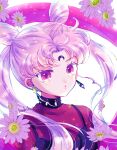  1girl bangs bishoujo_senshi_sailor_moon black_lady chibi_usa crescent_facial_mark crystal_earrings double_bun earrings facial_mark flower forehead_mark hair_cones hoshikuzu_(milkyway792) jewelry long_hair looking_at_viewer multicolored multicolored_eyes parted_bangs pink_hair red_eyes simple_background solo twintails upper_body white_background yellow_eyes 