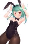 1girl animal_ears arms_up black_legwear black_leotard black_neckwear blush bow bowtie breasts bunny_ears cleavage commentary_request covered_navel cowboy_shot double_bun dutch_angle fake_animal_ears flying_sweatdrops green_hair hair_ornament hairband hololive leotard looking_at_viewer medium_hair nikoo pantyhose playboy_bunny red_eyes revision simple_background skull_hair_ornament small_breasts solo thighs uruha_rushia virtual_youtuber white_background white_wrist_cuffs wrist_cuffs 