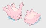  :d black_eyes blush_stickers closed_mouth commentary_request corsola gen_2_pokemon grey_background looking_at_another newo_(shinra-p) no_humans open_mouth pokemon pokemon_(creature) simple_background smile solid_circle_eyes transformed_ditto 