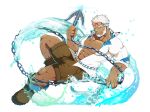  1boy abs aegir_(tokyo_houkago_summoners) anchor bara be_(2368230) beard brown_shorts chain dark-skinned_male dark_skin eyewear_on_head facial_hair full_body highres large_pectorals looking_at_viewer male_cleavage male_focus mature_male multicolored_hair muscular muscular_male nipples open_clothes open_shirt pectorals short_hair shorts smile smirk solo splashing stomach tokyo_houkago_summoners two-tone_hair water white_hair 