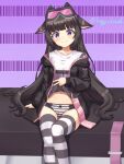  1girl absurdres animal_ears bangs black_hair blush cat_ears commission goggles goggles_on_head happycloud highres jacket lifted_by_self long_hair maplestory navel open_clothes open_jacket panties purple_eyes sitting smile solo striped striped_legwear striped_panties thighhighs underwear very_long_hair 