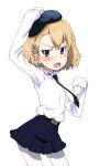  1girl alternate_costume anzio_school_uniform bangs belt beret black_belt black_headwear black_neckwear black_skirt blonde_hair blue_eyes blush bob_cut braid braided_bangs commentary cowboy_shot dress_shirt fang frown girls_und_panzer hair_tie hand_on_own_head hat katyusha_(girls_und_panzer) kayabakoro long_sleeves looking_at_viewer miniskirt necktie open_mouth pantyhose pleated_skirt school_uniform shirt short_hair simple_background skirt sleeves_past_fingers sleeves_past_wrists solo standing white_background white_legwear white_shirt wing_collar 