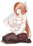  1girl :d black_legwear blush breasts brown_hair fatkewell girls&#039;_frontline green_eyes hair_ribbon highres long_hair looking_at_viewer m1903_springfield_(girls_frontline) meme_attire mimikaki open-chest_sweater open_mouth pantyhose red_ribbon ribbed_sweater ribbon seiza sitting skirt smile solo sweater turtleneck turtleneck_sweater 