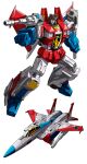  1boy aircraft airplane arm_cannon clenched_hand decepticon fighter_jet glowing glowing_eyes jet makoto_ono mecha military military_vehicle multiple_views no_humans red_eyes science_fiction starscream transformers weapon white_background 