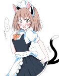  ... 1girl :d alternate_costume animal_ear_fluff animal_ears blush brown_eyes brown_hair cat_ears cat_tail chen commentary_request cowboy_shot enmaided eyelashes from_side hand_on_own_chest highres looking_at_viewer maid maid_headdress multiple_tails nekomata open_mouth shiisuu_rattamu short_hair simple_background smile solo spoken_ellipsis tail touhou translation_request two_tails white_background 
