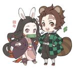  1boy 1girl animal_ears bit_gag black_hair brother_and_sister brown_eyes brown_hair bunny_ears bunny_tail checkered checkered_obi earrings flower gag hair_ribbon hands_on_hips haori highres japanese_clothes jewelry kamado_nezuko kamado_tanjirou kimetsu_no_yaiba leaf long_hair multicolored_hair obi open_mouth pants papajay_(jennygin2) pink_eyes pink_flower raccoon_ears raccoon_tail red_hair ribbon sash scar scar_on_face siblings simple_background tail white_background 