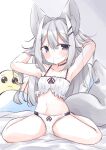  1girl absurdres animal_ear_fluff animal_ears armpits arms_behind_head arms_up bangs bare_arms bare_legs bare_shoulders blush bow bow_bra bow_panties bra collarbone commentary eyebrows_visible_through_hair fox_ears fox_girl fox_tail grey_eyes grey_hair hair_between_eyes hair_in_mouth hair_ornament hairclip highres long_hair minato_yu_(0514) navel original panties pien sitting solo tail underwear underwear_only very_long_hair wariza white_bra white_panties 