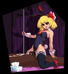  1boy 1girl :d after_sex animal_ears bangs bar_censor black_legwear blonde_hair breasts bunny_ears bunny_tail censored commentary_request cum cum_on_body dark-skinned_male dark_skin detached_collar handkerchief high_heels indoors interracial looking_down lowres namako_(takorin) necktie open_mouth penis playboy_bunny pole red_eyes red_footwear red_neckwear rumia short_hair sitting sitting_on_person small_breasts smile tail thighhighs touhou wrist_cuffs 