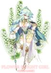  1girl boots breasts cape cleavage copyright_name corset dress expressionless flower flower_knight_girl full_body greaves green_cape green_hair half_updo iwarenge_(flower_knight_girl) knee_boots large_breasts long_hair looking_at_viewer object_namesake official_art satsuki_misuzu see-through_sleeves solo standing thighhighs wand white_dress white_legwear yellow_eyes 