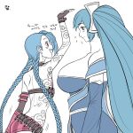  bare_shoulders blue_hair braid breasts fingerless_gloves flat_chest gloves highres huge_breasts jinx_(league_of_legends) korean_commentary korean_text league_of_legends long_hair looking_at_viewer multiple_girls open_mouth ranger_squirrel smile sona_buvelle tattoo translation_request twin_braids twintails very_long_hair 