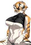  1girl absurdres animal_ears animal_nose arknights asipilin_da_baitu black_shirt breasts cleavage fur furry highres large_breasts looking_at_viewer mouth_hold navel orange_eyes shirt shirt_in_mouth short_hair simple_background solo tiger_ears tiger_girl underboob waai_fu_(arknights) white_background 