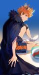  1boy absurdres attsei ball bangs blurry cape crown fur_collar haikyuu!! highres hinata_shouyou looking_at_viewer male_focus orange_eyes orange_hair profile shoes short_hair simple_background sitting sneakers volleyball 