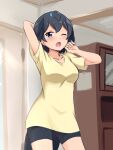  1girl ;o absurdres alternate_costume arm_behind_head bangs bare_arms bike_shorts black_eyes black_hair blush breasts casual collarbone commentary cowboy_shot greater_lophorina_(kemono_friends) head_wings highres indoors kemono_friends looking_at_viewer medium_breasts one_eye_closed shiraha_maru shirt short_hair short_sleeves solo tail tears yawning yellow_shirt 