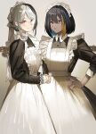  2girls apron arm_at_side bangs black_dress black_hair braid bright_pupils buttons collared_dress colored_inner_hair commentary_request commission dark-skinned_female dark_skin dress glasses grey_hair grin hand_on_hip hat highres long_sleeves looking_at_viewer maid maid_apron maid_headdress meido-fuku_ga_mitai mob_cap multicolored_hair multiple_girls open_mouth original own_hands_together parted_lips red_eyes round_eyewear scar scar_on_neck short_hair sidelocks skeb_commission sleeves_pushed_up smile standing streaked_hair teeth victorian_maid white_pupils yellow_eyes 