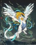  blue_eyes fiona_hsieh gen_2_pokemon glowing glowing_eyes legendary_pokemon lugia ocean pokemon sash seal_impression signature sun tail watermark waving wings 