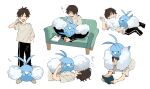  1boy bangs barefoot black_pants book brown_hair closed_eyes closed_mouth commentary_request couch gen_3_pokemon grey_footwear grey_shirt highres holding holding_book lying male_focus multiple_views newo_(shinra-p) on_back on_head on_lap pants pokemon pokemon_(creature) pokemon_on_head pokemon_on_lap shirt short_hair short_sleeves simple_background sitting sleeping slippers spread_legs standing swablu toes white_background 