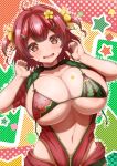  1girl absurdres areola_slip areolae bangs bikini bikini_pull blush breasts cleavage clothes_pull covered_nipples curvy flower food_print green_hair hair_flower hair_ornament highres huge_breasts jacket looking_at_viewer micro_bikini navel open_mouth orange_eyes original pulled_by_self red_hair short_sleeves smile solo star_(symbol) string_bikini sweat swimsuit swimsuit_under_clothes twintails watermelon_print yamataka yellow_flower zipper 