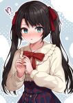  !? 1girl :o absurdres black_hair blue_eyes blue_skirt blush bow center_frills collared_shirt commentary frilled_shirt_collar frills hair_bow hands_together hands_up highres hololive long_hair long_sleeves looking_at_viewer meme_attire nose_blush oozora_subaru own_hands_together parted_lips racchi. red_bow shirt skirt solo twintails very_long_hair virgin_killer_outfit virtual_youtuber white_shirt 