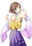  1girl blue_eyes brown_hair detached_sleeves final_fantasy final_fantasy_x green_eyes hair_ornament hakama heterochromia japanese_clothes looking_at_viewer open_mouth short_hair simple_background smile solo tinkle2013 white_background yuna_(ff10) 