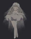  1girl bangs black_background blunt_bangs commentary_request dress elbow_gloves full_body gloves grey_dress grey_flower grey_gloves grey_hair highres long_hair original simple_background single_thighhigh solo standing strapless strapless_dress thighhighs tonoko_(annin_tono) 