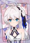  1girl balloon bangs bare_shoulders birthday blue_eyes camera closed_mouth hair_between_eyes hair_ornament happy_birthday honkai_(series) honkai_impact_3rd long_hair looking_at_viewer photo_shoot side_ponytail smile solo theresa_apocalypse theresa_apocalypse_(twilight_paladin) ye_miao_7ka 