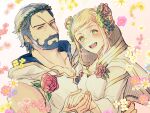  1boy 1girl absurdres alternate_costume bangs beard blonde_hair blue_hair blush closed_mouth commentary_request couple facial_hair fire_emblem fire_emblem_heroes green_eyes gustav_(fire_emblem) henriette_(fire_emblem) hetero highres holding_hands husband_and_wife nishimura_(nianiamu) official_alternate_costume open_mouth scar scar_on_face smile twitter_username 
