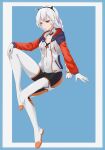  1girl aill09 blue_background blue_eyes braid closed_mouth full_body hand_on_own_knee highres honkai_(series) honkai_impact_3rd invisible_chair jacket kiana_kaslana kiana_kaslana_(white_comet) long_hair looking_down navel sad simple_background sitting solo twin_braids white_hair 