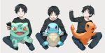  1boy :i arm_up bangs black_hair black_shirt bulbasaur charmander commentary_request fangs fire gen_1_pokemon grey_eyes highres holding holding_pokemon holding_remote_control long_sleeves looking_at_viewer looking_up male_focus multiple_views newo_(shinra-p) on_lap open_mouth pants pokemon pokemon_(creature) pokemon_on_lap red_eyes shirt short_hair sitting smile spread_legs squirtle starter_pokemon_trio tongue wavy_mouth 