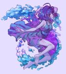  1girl arm_up bare_shoulders barefoot blue_dress blue_eyes blue_hair breasts cleavage collarbone colored_skin dated dress highres lapis_lazuli_(steven_universe) open_mouth poch4n purple_background purple_skin shiny shiny_skin short_hair simple_background solo steven_universe water 