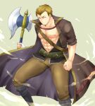  1boy abs axe bandages belt blonde_hair boots brown_eyes fire_emblem fire_emblem:_the_blazing_blade full_body highres holding holding_axe holding_weapon linus_(fire_emblem) male_focus manly navel open_clothes open_shirt pectorals shougayaki_(kabayaki_3) simple_background teeth weapon 