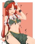  1girl ;o beret black_panties blue_eyes braid breasts burnt_clothes commentary_request frilled_shirt_collar frills green_headwear hair_ribbon hat highres hong_meiling long_hair medium_breasts midriff miyo_(ranthath) navel no_bra one_eye_closed open_mouth panties red_hair ribbon short_sleeves side-tie_panties sitting star_(symbol) string_panties tearing_up torn_clothes touhou twin_braids underboob underwear very_long_hair wince wristband 