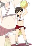  1girl bangs black_hair blue_ribbon brown_eyes cameltoe cheerleader contrapposto crop_top flat_chest fundoshi hair_ribbon highres holding holding_pom_poms japanese_clothes kantai_collection kasuga_maru_(kancolle) long_hair low_ponytail midriff nassukun navel pleated_skirt pom_poms red_skirt ribbon simple_background skirt solo swept_bangs white_background zoom_layer 