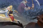  2boys 2girls absurdres armlet armor battle black_horns blonde_hair blue_dress blue_skin bow_(weapon) bracer breasts canary_(banner_saga) cape centaur cleavage colored_skin dredge_(banner_saga) dress grey_hair hand_on_another&#039;s_stomach haryarti highres holding holding_sword holding_weapon horns long_hair motion_blur multicolored multicolored_hair multicolored_skin multiple_boys multiple_girls navel oddleif outdoors promotional_art quiver shouting small_breasts sword taur the_banner_saga two-tone_hair two-tone_skin ubin_(banner_saga) weapon white_hair yellow_skin 