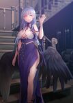  1girl artist_name azur_lane black_wings breasts criss-cross_halter dido_(anxious_bisque_doll)_(azur_lane) dido_(azur_lane) dress dress_straps feathered_wings hairband halter_dress halterneck highres indoors large_breasts large_wings long_dress long_hair muki_(mayuiki) official_alternate_costume pelvic_curtain purple_dress purple_eyes purple_hair purple_hairband purple_headband solo stairs wings 