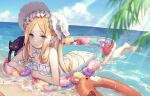  1girl abigail_williams_(fate) abigail_williams_(swimsuit_foreigner)_(fate) ass bangs bare_shoulders beach bikini black_cat blonde_hair blue_eyes blue_sky bonnet bow braid breasts cat fate/grand_order fate_(series) forehead hair_bow hair_rings long_hair lying miniskirt on_stomach parted_bangs shore sidelocks skirt sky small_breasts smile swimsuit takibixt twin_braids twintails very_long_hair white_bikini white_bow white_headwear 