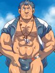  1boy abs bara bare_pectorals beard blue_eyes blue_hair blue_male_swimwear bulge crotch_grab erection erection_under_clothes facial_hair fins fish_boy highres jacket kirupi large_pectorals male_focus male_swimwear mature_male muscular muscular_male navel navel_hair nipples open_clothes open_jacket pectorals shell_necklace short_hair sideburns sleeves_rolled_up solo stomach stubble swim_briefs thick_thighs thighs tokyo_houkago_summoners triton_(tokyo_houkago_summoners) 