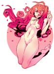  1girl commentary curly_hair dated feet flower full_body highres legs monochrome navel no_nipples no_pussy nude original petals pink_theme poch4n red_eyes red_hair rose signature solo 