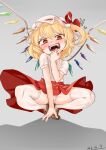  1girl blonde_hair blush bow flandre_scarlet hat hat_bow heart highres mob_cap open_mouth panties pointy_ears red_bow red_eyes red_skirt shirt short_sleeves skirt slit_pupils solo spread_legs squatting thighhighs touhou underwear white_panties white_shirt wings yazato_ichimushi 