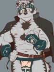  1boy abs ainu ainu_clothes animal_ears bara bare_pectorals bulge chest_hair clenched_hand cowboy_shot furry grey_fur grey_hair headband highres horkeu_kamui_(tokyo_houkago_summoners) jacket jacket_on_shoulders kirupi male_focus muscular muscular_male navel nipples pectorals pelvic_curtain short_hair silver_hair smile solo stomach tail thighs tokyo_houkago_summoners two-tone_fur white_fur wolf_boy wolf_ears wolf_tail yellow_eyes 