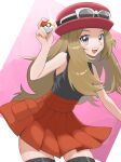  1girl :d absurdres bare_arms breasts brown_hair commentary ebiura_akane eyelashes eyewear_on_headwear grey_eyes grey_shirt hand_up hat highres holding holding_poke_ball long_hair open_mouth pleated_skirt poke_ball poke_ball_(basic) pokemon pokemon_(game) pokemon_xy red_headwear red_skirt serena_(pokemon) shirt skirt sleeveless sleeveless_shirt smile solo star-shaped_pupils star_(symbol) sunglasses symbol-shaped_pupils thighhighs tongue upper_teeth white-framed_eyewear 