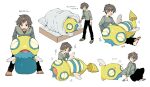  1boy :d bangs barefoot bed_sheet black_eyes black_pants blush blush_stickers brown_hair commentary_request dunsparce gen_2_pokemon happy highres leaning_forward legs_apart lower_teeth male_focus multiple_views newo_(shinra-p) on_lap open_mouth pants pokemon pokemon_(creature) pokemon_on_lap shirt short_hair sitting slippers smile standing sweatdrop toes translation_request 