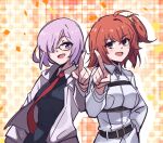  2girls absurdres ahoge ayanobro blush brown_eyes carnival_phantasm chaldea_uniform fate/grand_carnival fate/grand_order fate_(series) fujimaru_ritsuka_(female) glasses happy highres mash_kyrielight multiple_girls necktie orange_hair pointing purple_eyes purple_hair side_ponytail 